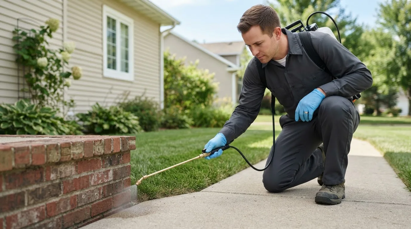 Pest control technician treating a home near Farmingdale, ME