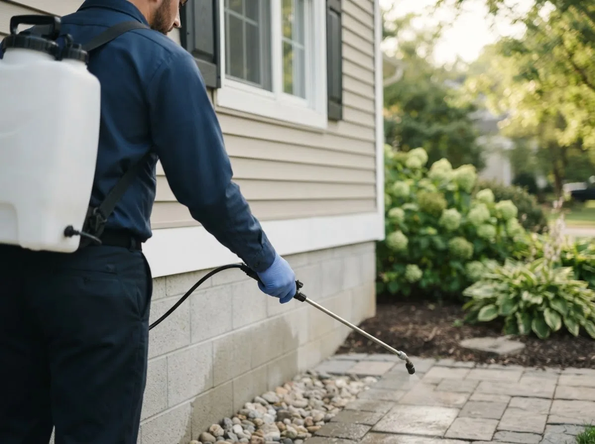 Pest control technician inspecting a home in Farmingdale, ME
